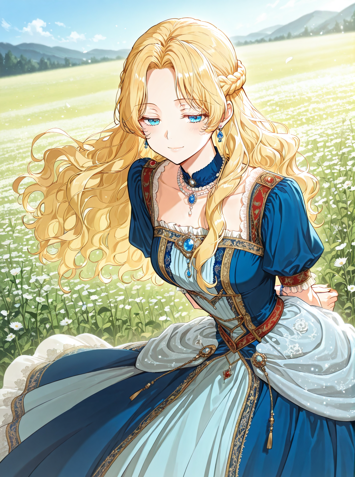 <lora:Athanasia_r1:1>
1 girl, solo, princess, blue eyes, blonde hair, long hair, wavy hair, french braid, bangs, parted bangs
long blue dress, long skirt, pearl necklace, blue earrings, pearl bracelet, French braid,
score_9, score_8_up, score_7_up, very aesthetic, source_anime, detailed, high quality, beautiful, masterpiece, detailed eyes, field, blurry background, pose dynamic angle, upper body, cowboy shot, light smile, floating hair, half-closed eyes, hands behind back, leaning forward, looking forward, looking at viewer, <lora:iLLMythG0thicL1nes:1>