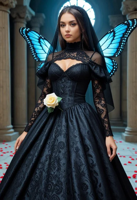 score_9, score_8_up, score_7_up, score_6_up, rating_safe, view from below, full body, dark_ skin kwf girl, semi_realistic, detailed face, emo pink makeup, short hairs, veil made from lace, (turtleneck dress with carbonfiber embroidery), delicate but oversized butterfly wings made of carbon fiber, Her wings somehow stealing light ,star shaped eye pupils, looking down,
biolumen, holding a single white rose made from ruby, the contur of the rose petals glow like starry night, inside dark misterius temple, dim light, intricate details, horror theme, detailed background, detailed rastr, matte_color, flat_color, ScribbleRay
