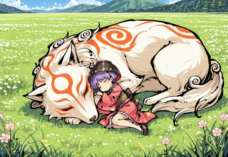 safe_pos, source_anime, high res image, masterpiece, perfect quality, best quality, newest, absurdres, highres, scenic, ultra detailed face, detailed eyes, accurate anatomy,
tokiame, ink, okamistyle,
sdxl_lightning_4step_lora_rank1,
HDR,
(Travelsizedgirl:1.3),
(1girl, sukuna shinmyoumaru,
kimono, minigirl, bowl_hat, obi, lying on another's body, sleeping, (microgirl:1.3), (size difference:1.3)),
(amaterasu okami, side-lying, curl body),
on a low mountain, flower field, grass, daytime,
close up, extreme close-up shot