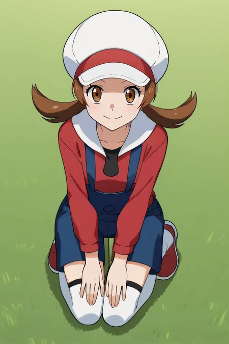 score_9, score_8_up, score_7_up, source_anime, rating_safe, intricate details, anime screencap, official style, <lora:Lyra:1>, lyra, brown eyes, red shirt, long sleeves, white headwear, blue overalls, looking at viewer, outdoor, smile, full body, kneeling, white thighighs, red shoes, from above, sitting on grass