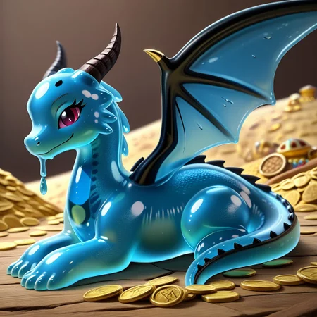 1dragon, highly detailed black  dragon, black dragon made out of slime, scaly black slime dragon, slime dragon with red eyes, black slime dragon laying in its hoard, black slime dragon with wings, dragon wings, detailed claws, detailed feet, detailed tail,
multi-colored gems made out of slime, in a room of treasure made out of slime, tiny gold coins and bars made out of slime, piles of tiny coins, piles of tiny gold slime coins, piles of gold slime, tiny gold slime coins, only tiny coins, translucent slime coins, 
treasure-room, treasure, gemstone, coins, gold bars, gold pile, 
everything made of slime, No simple background,
((translucent slime)), ((transparent slime)), (bioluminescent slime), sl1m3d, slime, slime-morph, saturated colors,