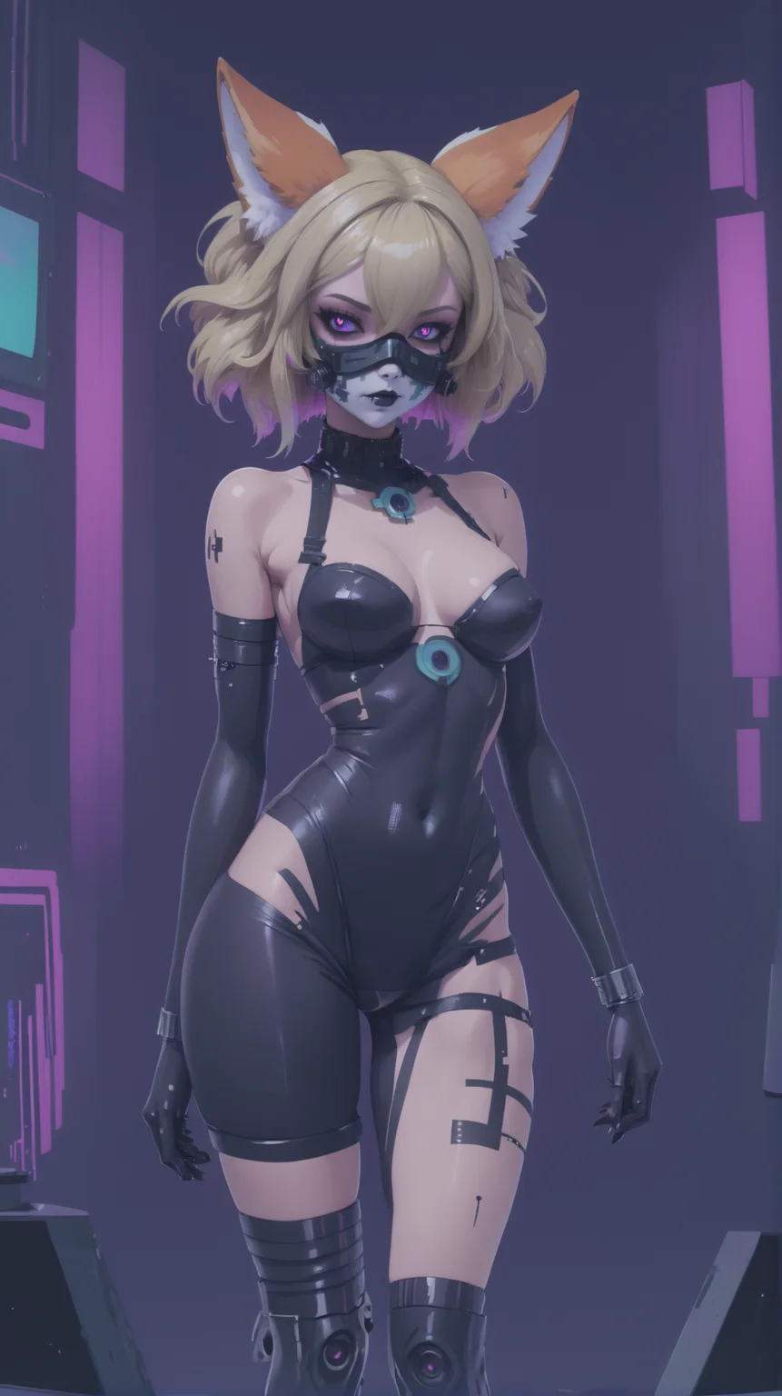 glitchcore, digital painting, punk bad girl, cybergoth 1girl, woman, fox ears sci-fi spy, latex, shozoku, kitsune mask, midnight, bombshell hair, muted blonde hair, Finger Waves, small breasts, tall, hourglass figure,, caucasian<lora:EnvyGlitchcoreXL01:1>