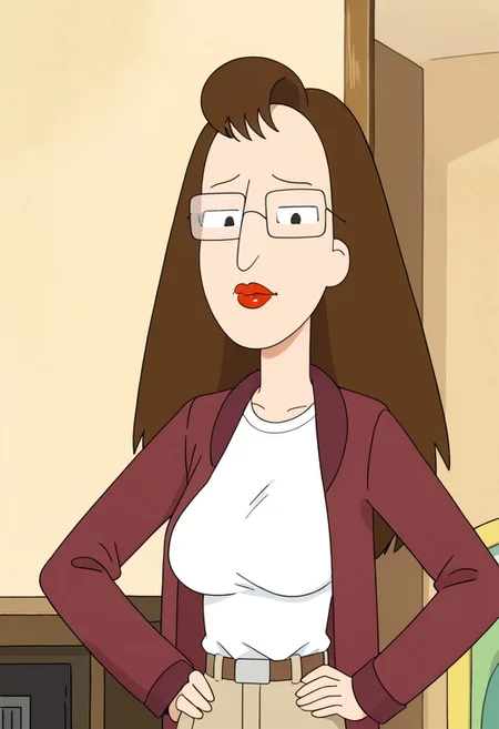 score_9, 1girl, Solo, Nancy_RaM, light skin, dark brown hair, long hair, red lips, square glasses, black eyes, long nose, white shirt, dark magenta jacket, beige pants, black shoes, looking at viewer, smile, half-closed eyes, huge breasts, long breasts, cowboy shot, indoors, hands on hips, retro artstyle, medium stature
