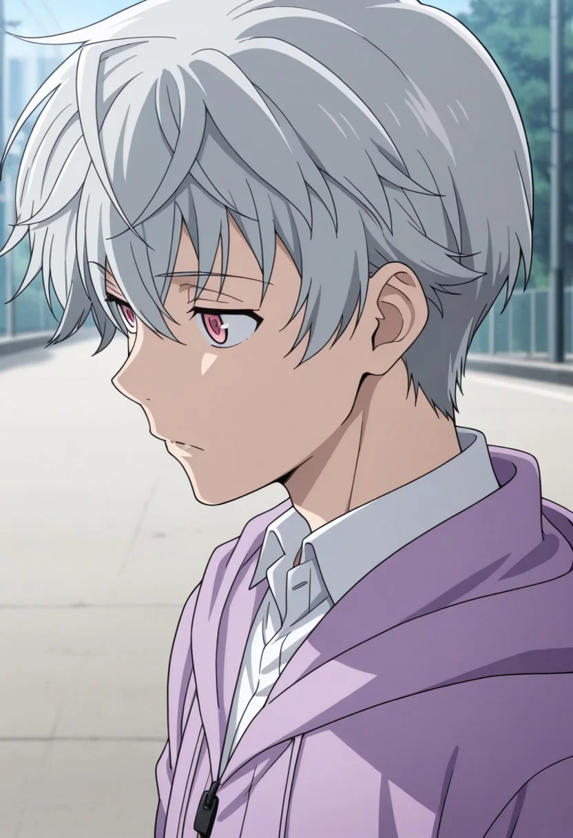 masterpiece,best quality,amazing quality, source_anime,
aruakise, 1boy, male focus, solo, pink eyes, grey hair, shirt, white shirt, collared shirt, purple jacket, hood, outdoor,