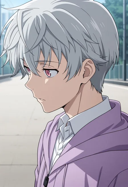 masterpiece,best quality,amazing quality, source_anime,
aruakise, 1boy, male focus, solo, pink eyes, grey hair, shirt, white shirt, collared shirt, purple jacket, hood, outdoor,