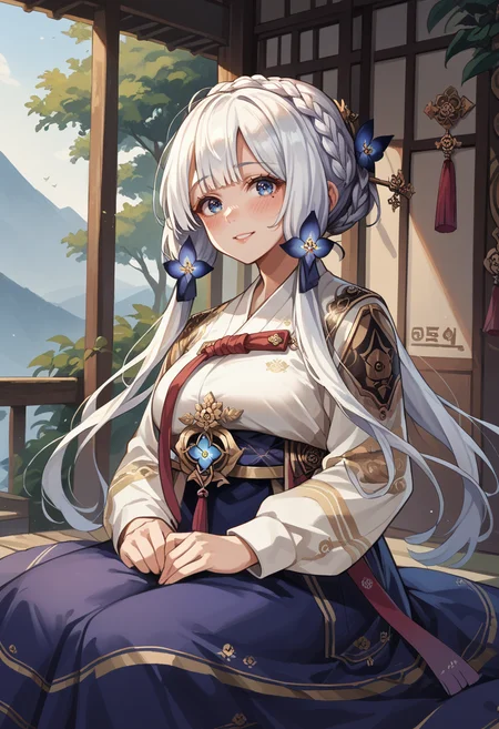 score_9, score_8_up, score_7_up,  mlillusreh, blue eyes, blush, crown braid, hair ornament, hair ribbon, hanbok, korean clothes, large breasts, long hair, long sleeves, mole under eye, smile, white hair, blue skirt, gold trim, hair flower,   <lora:illustrious-hanbok-pdxl-v2:1>