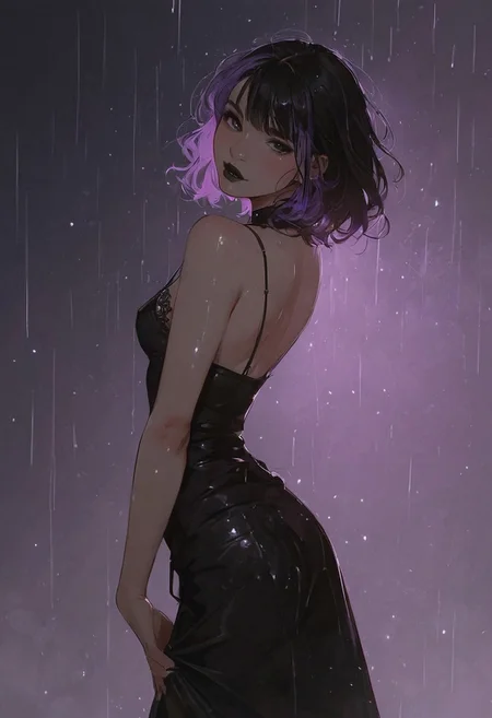 score_9, score_8_up, score_7_up, score_6_up, Expressiveh, g0thicPXL, 1girl, 23 years old, perfect face, cute, BREAK
On the street, city at night, raining, wet hair, wet skin,  (purple lighting:1.3), BREAK
small breast, shiny skin, black eyes, black hair with light purple highlights, bangs, medium hair, black lipstick, dark makeup, small breasts, , motion lines, black lace dress skirt, side profile, American, pale skin, BREAK 
, looking back at viewer, seductive expression, eyes wide open,