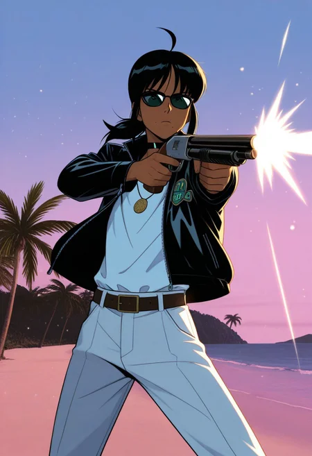 (score_9, score_8_up:1.1), score_7_up, (masterpiece:1.2), (best quality:1.3), illustration, amazing quality, very aesthetic, best aesthetic, high res, absurdres, perfect composition, intricate details, detailed face and eyes, cel-shaded, sharp lines, Beautiful background, color vibration, shiny effect, shiny, smooth detail, male, 1boy, solo, male focus, dark skin, black hair, medium hair, aqua eyes, low ponytail, ahoge, bangs, choker, necklace, black jacket, latex jacket, white shirt, zipper, zipped, white pants, boots, belts, sunglasses, toned, toned body, manly, masculine, muscular, muscular male, badass, serious, handsome, hitman, assassin, looking at viewer, dynamic pose, standing, masterful composition, cowboy shot, dynamic movement, sidelighting, light particles, cinematic, Cinematic lighting, outdoors, streets, Miami Florida, palm trees, beach, retro, devilhs, retro anime, retro artstyle, 80s, 1980s, vintage, mole under mouth, shotgun, holding shotgun, weapon, aiming, gunfire, firing, shooting, vice city, grand theft auto, Hotline Miami, FDK-Illu,