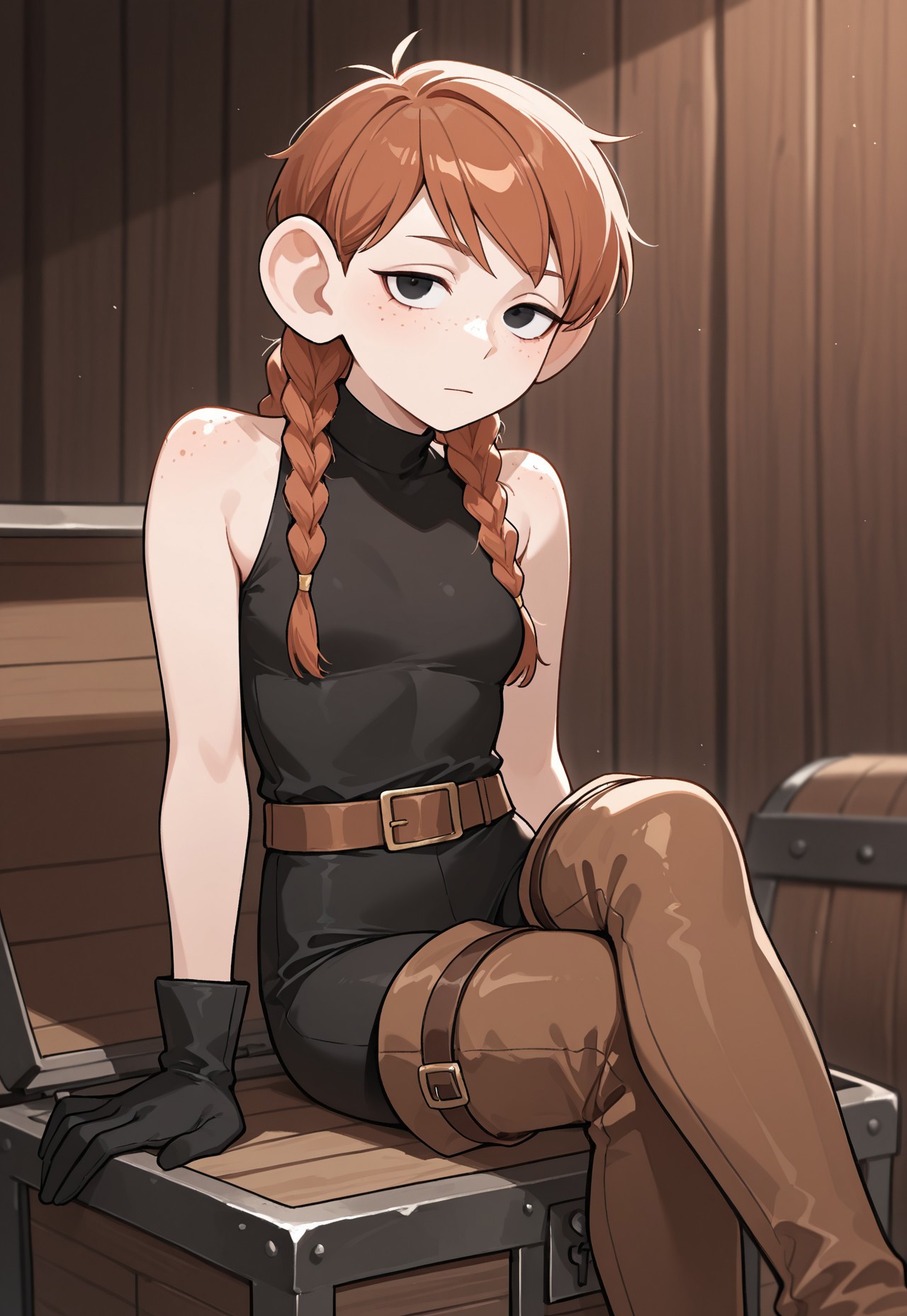 masterpiece, best quality, newest, absurdres, very aesthetic, highres, Dunmeshi_Meijack, 1girl, halfling, brown hair, multiple braids, black eyes, body freckles, small breasts, black unitard, bare shoulders, black gloves, brown belt, brown thigh boots, sitting, crossed legs, on treasure chest, looking at viewer, indoors, expressionless, perspective
