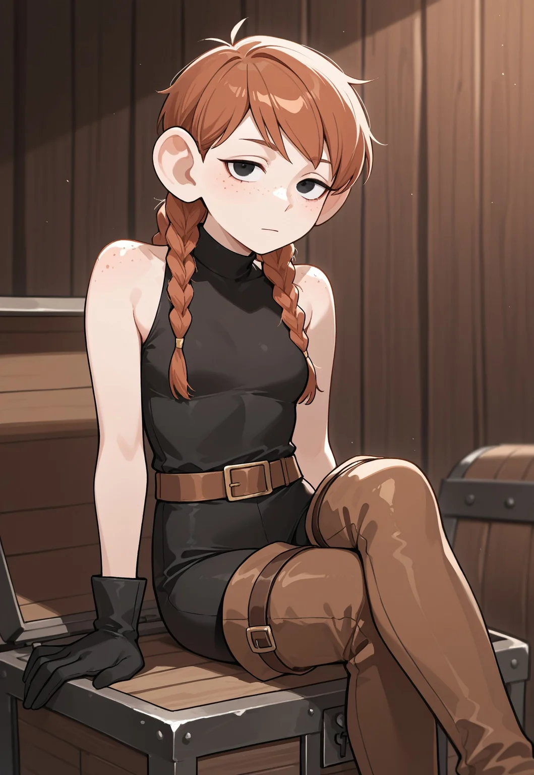 masterpiece, best quality, newest, absurdres, very aesthetic, highres, Dunmeshi_Meijack, 1girl, halfling, brown hair, multiple braids, black eyes, body freckles, small breasts, black unitard, bare shoulders, black gloves, brown belt, brown thigh boots, sitting, crossed legs, on treasure chest, looking at viewer, indoors, expressionless, perspective