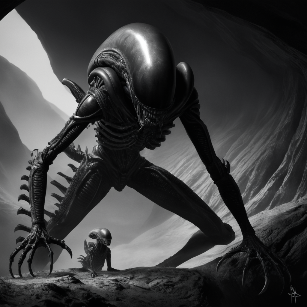 cinematic film still of  <lora:Xenomorph:1>
Xenomorph a black and white drawing of a alien inside a cave,endoparasitoid extraterrestrial species,standing,tail,monochrome,full body,greyscale,teeth,artist name,signature,no humans,sharp teeth,claws,1other,monster,alien , horror themed, dark themed, cinematic, film still, xenomorph style, shallow depth of field, vignette, highly detailed, high budget, bokeh, cinemascope, moody, epic, gorgeous, film grain, grainy