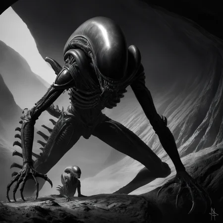 cinematic film still of  <lora:Xenomorph:1>
Xenomorph a black and white drawing of a alien inside a cave,endoparasitoid extraterrestrial species,standing,tail,monochrome,full body,greyscale,teeth,artist name,signature,no humans,sharp teeth,claws,1other,monster,alien , horror themed, dark themed, cinematic, film still, xenomorph style, shallow depth of field, vignette, highly detailed, high budget, bokeh, cinemascope, moody, epic, gorgeous, film grain, grainy