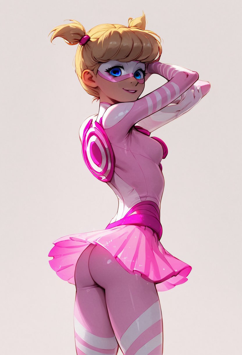 (score_9_up, score_8_up, score_7_up, score_6_up), g0th1c, glowing, Expressiveh, easynegative, high quality, ultra-highres, (Pigella, blonde hair, blue eyes, twintails, short twintails, bangs, pink lipstick, eyelashes, superhero, mask, domino mask, bodysuit, sparkly pink bodysuit, mangeta lines, white V-necked bodysuit, pink skirt, transparent skirt, mini skirt,  white stripes, swirly pattern on her chest, skin tight,), slim waist, wide hips,  view back, ass, looking over shoulder, kind smile BREAK, , glistening pink, white background