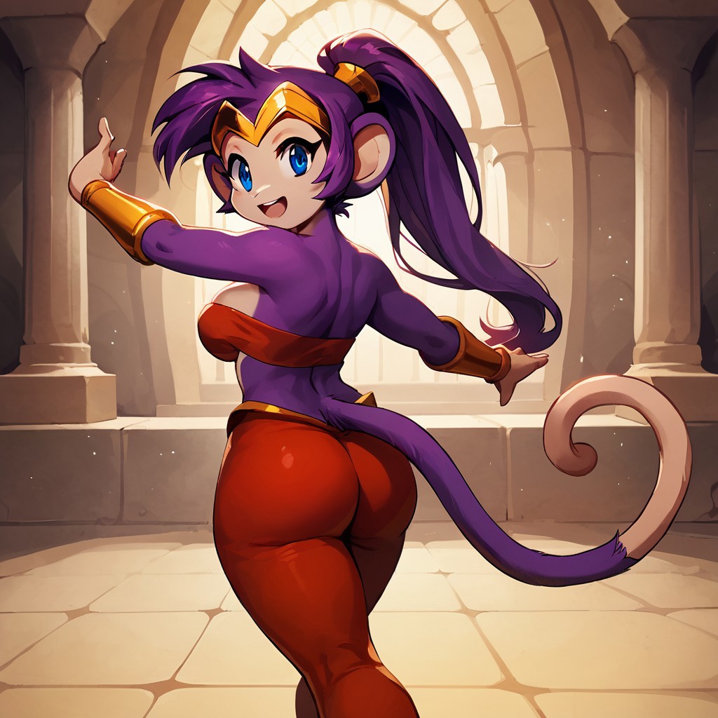 embedding:urn:air:sd1:embedding:civitai:222256@250708, score_9, score_8, score_7, score_7_up, 1girl, solo, monkeyshan, furry, monkey, no_nose, tail, purple_fur, circlet, multicolored_fur, dancing, breasts, blue_eyes,  purple hair, ponytail, red_bandeau, red_pants, red_bottoms, red_harem_pants:2, gold_bracers, on_stage, marble building, ornate_decotrations, marble_stage, looking_at_Viewer, bangs, inside, tall, dark_background, spotlights, smile, open_mouth, looking back, leg_up, butt