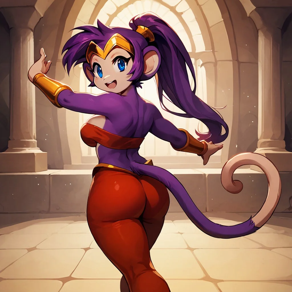 embedding:urn:air:sd1:embedding:civitai:222256@250708, score_9, score_8, score_7, score_7_up, 1girl, solo, monkeyshan, furry, monkey, no_nose, tail, purple_fur, circlet, multicolored_fur, dancing, breasts, blue_eyes, purple hair, ponytail, red_bandeau, red_pants, red_bottoms, red_harem_pants:2, gold_bracers, on_stage, marble building, ornate_decotrations, marble_stage, looking_at_Viewer, bangs, inside, tall, dark_background, spotlights, smile, open_mouth, looking back, leg_up, butt