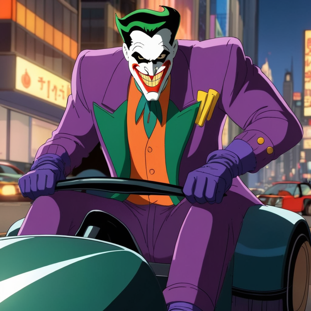 anime artwork of  <lora:Joker:1.2>
Joker a cartoon character riding a bumper car in a city in Gotham city universe, anime style, key visual, vibrant, studio anime,  highly detailed