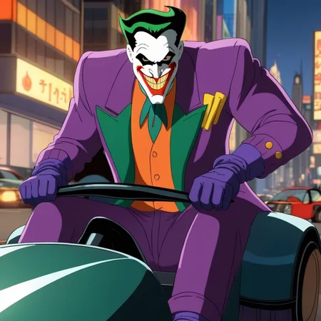anime artwork of  <lora:Joker:1.2>
Joker a cartoon character riding a bumper car in a city in Gotham city universe, anime style, key visual, vibrant, studio anime,  highly detailed