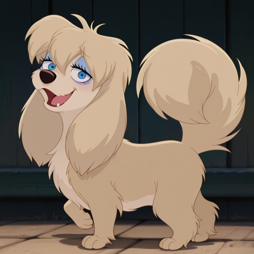 peg, female, dog, disney, blonde fur, long ears, light blonde belly, blue eyes, blue eyeshadow, bangs, hair tuft, BREAK score_9, score_8, score_7, no humans, (((full body))), standing, solo, female, feral, hight definition, hyper detailed, best quality, amazing quality, 1girl, cute, cute smile, cute pose, 8k, masterpiece, looking at viewer BREAK dancing, quadruped, happy, friendly, adorable, expressive eyes, sweet, smiling, sassy, open mouth, half-open eyes, outside, (((no shadows))), (((light background))), smug, flirty, playful, (((no walls)))