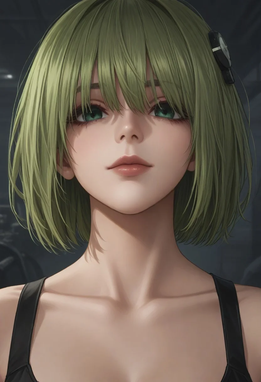 1girl, solo, solo focus, highres, absurdres, CL_Dummy, short hair, long bangs, hair over eyes, light green hair, lipstick, shiny lips, brown lips, circle hair ornament,
looking at viewer, head tilt, light smile, closed mouth, close-up, face focus,
factory, industrial pipe, stasis tank, dark,