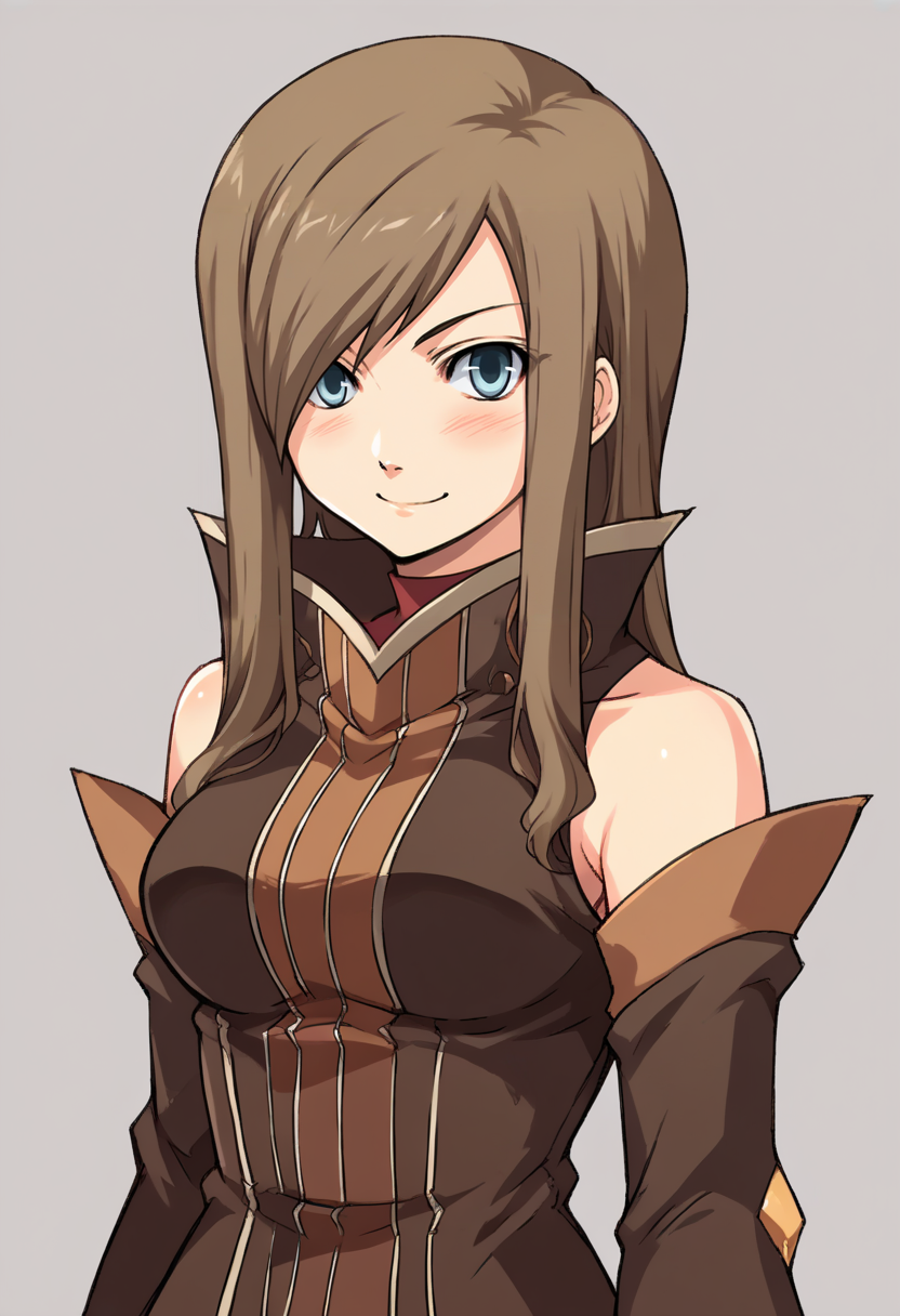 score_9, score_8_up, score_7_up, source_anime BREAK
<lora:zs_ZeroAzurePortraitsXL:1> zeroazureportraits, solo, upper body, simple background, upper body, 1girl, heavy blush, smile
 <lora:teargrants-pdxl-nvwls-v1:1> tgrants, brown hair, hair over one eye, brown dress, bare shoulders, detached sleeves,