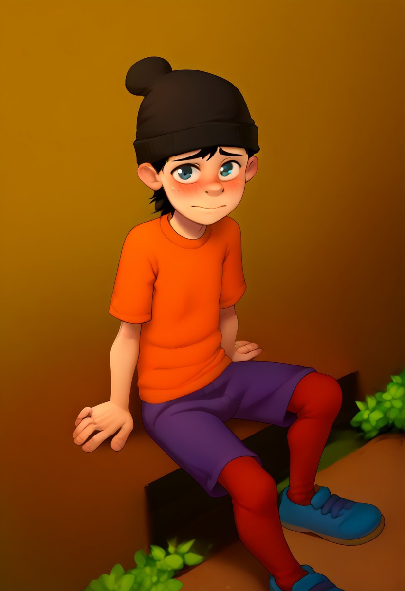 score_8, score_8_up, score_7_up, score_6_up, source_cartoon, flat shading, good_hands, BREAK, 1boy, solo, male focus,, Double D, beanie, black hair, orange shirt, purple shorts, red socks, blue shoe, park background, trees, pond, bench, sitting, looking at viewer, blushing, shy, embarrassed, from above,
