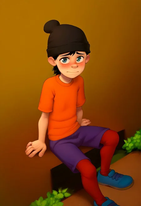 score_8, score_8_up, score_7_up, score_6_up, source_cartoon, flat shading, good_hands, BREAK, 1boy, solo, male focus,, Double D, beanie, black hair, orange shirt, purple shorts, red socks, blue shoe, park background, trees, pond, bench, sitting, looking at viewer, blushing, shy, embarrassed, from above,