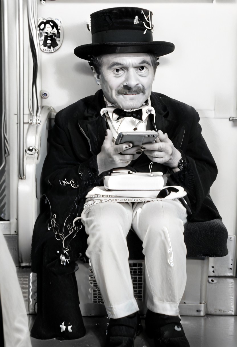 (((black and white, legsonthetra1n, from front, sitting across from viewer, train interior, holding phone, leg focus))),((small man with mustache, top hat, kenbis, chibi, chibi, male only, male, male chibi, monocle, art deco, thick mustache, comically large mustache, handlebar mustache, tiny, multiple men, shrunk, microxl, some little guys,  high angle, from above)), bwMovies, realistic, photo, vintage photo, ((very small man, small man, a small man, a man who is small, a small man)), an unapologetically small human male, black and white, smiling, very happy, euphoric, ecstatic, wonderful small men, large smile, huge smile