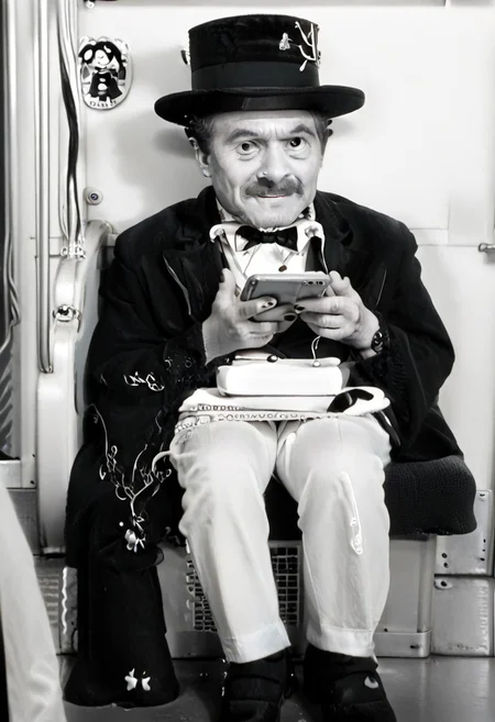 (((black and white, legsonthetra1n, from front, sitting across from viewer, train interior, holding phone, leg focus))),((small man with mustache, top hat, kenbis, chibi, chibi, male only, male, male chibi, monocle, art deco, thick mustache, comically large mustache, handlebar mustache, tiny, multiple men, shrunk, microxl, some little guys, high angle, from above)), bwMovies, realistic, photo, vintage photo, ((very small man, small man, a small man, a man who is small, a small man)), an unapologetically small human male, black and white, smiling, very happy, euphoric, ecstatic, wonderful small men, large smile, huge smile