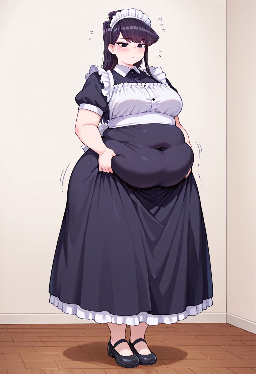 Shouko Komi, maid, maid headdress, Chubby_girls, chubby, chubby girl, chubby belly, plump belly streching dress, full body, blush
