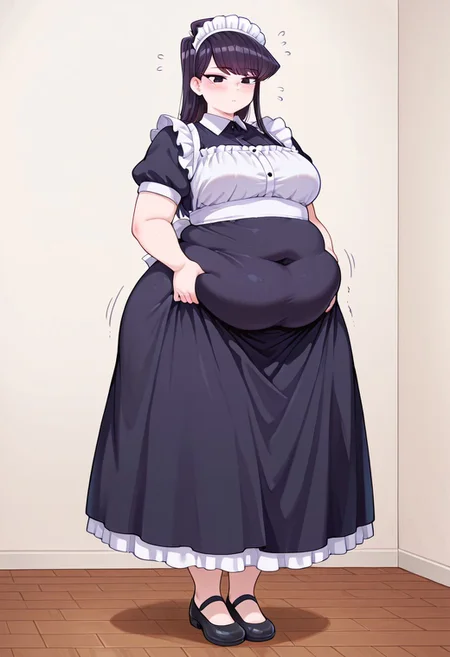 Shouko Komi, maid, maid headdress, Chubby_girls, chubby, chubby girl, chubby belly, plump belly streching dress, full body, blush