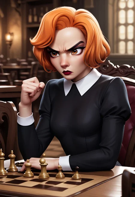 score 9, score 8, score 7, score 6, 1
girl, solo, bethh, upper body, sitting on a chair, sitting at a desk, looking a chess board on the table, focused, determined, black dress, collared dress, bethhb, orange hair, orange eyes, makeup, lipstick, lips, hands on table,
tavern background,
small breasts, zPDXL, from the side,