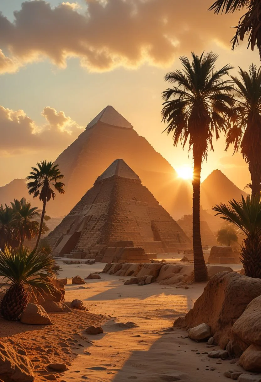 The image features a beautiful scene of a sunset over a large pyramid. The pyramid is situated in a desert landscape, with palm trees surrounding it. The sun is setting in the background, casting a warm glow over the scene. The overall atmosphere is serene and captivating, showcasing the majesty of the ancient structure.