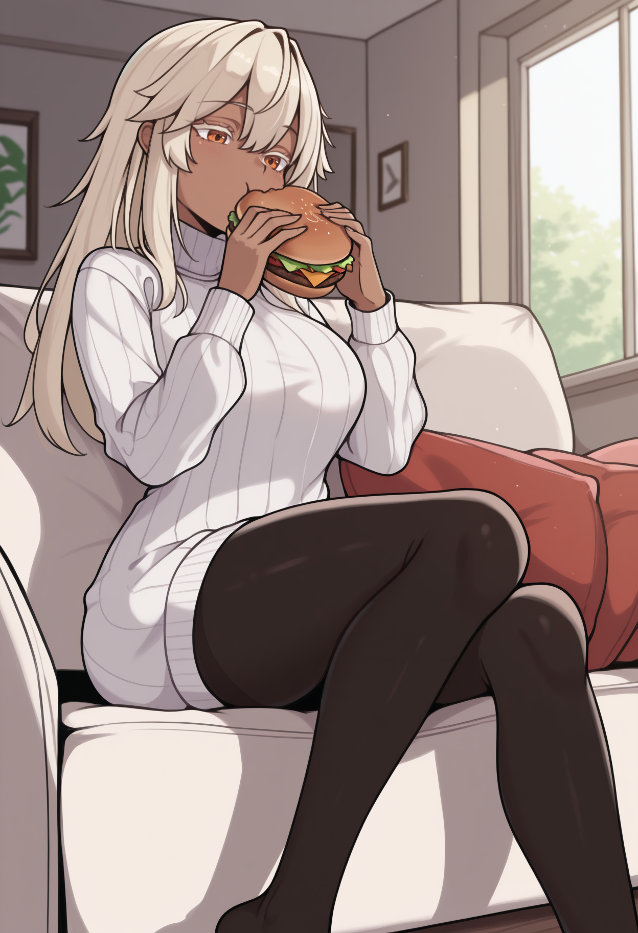 masterpiece, best quality, <break> solo, 1girl, rmlthlvltne, dark-skinned female, eating, sitting, couch, holding food, burger, long hair, blonde hair, orange eyes, colored eyelashes, white sweater, ribbed sweater, sweater dress, turtleneck, black pantyhose, indoors, living room, window, sunlight
<segment:yolo-Anzhc Face seg 640 v2 y8n.pt,0.4,0.5//cid=1>