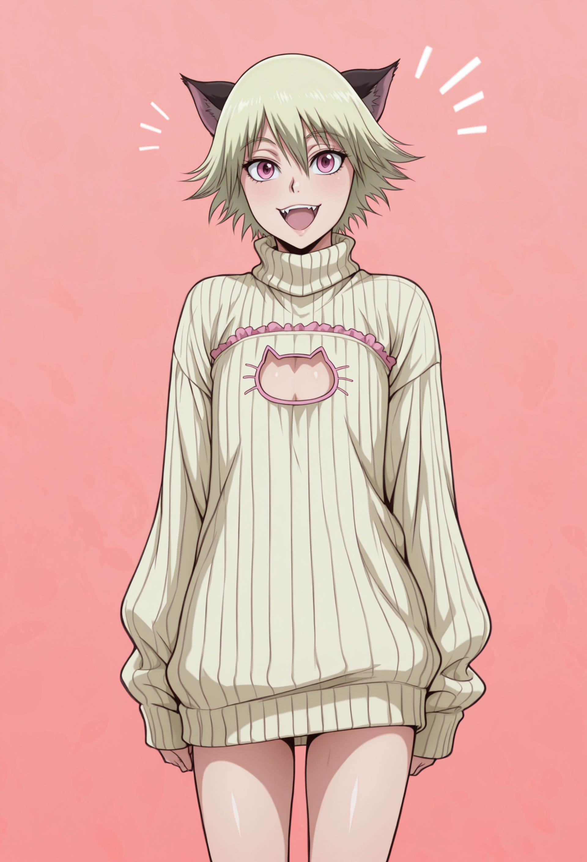safe_pos, masterpiece, best quality, amazing quality, very aesthetic, absurdres, WOSchrödinger, 1boy:1.6, solo, male focus, blonde hair, short hair, cat ears, pink eyes, cat_lingerie, sfw, pg, sweater, oversized sweater, cowboy shot, :D, fangs, notice lines, looking at viewer, simple background, (food-themed background, fish pattern)