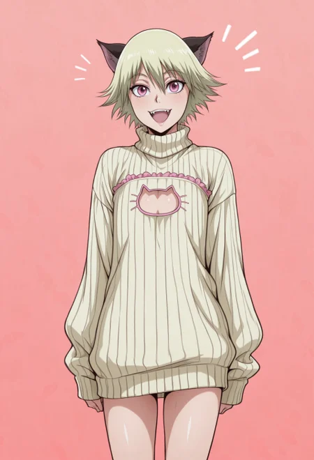 safe_pos, masterpiece, best quality, amazing quality, very aesthetic, absurdres, WOSchrödinger, 1boy:1.6, solo, male focus, blonde hair, short hair, cat ears, pink eyes, cat_lingerie, sfw, pg, sweater, oversized sweater, cowboy shot, :D, fangs, notice lines, looking at viewer, simple background, (food-themed background, fish pattern)