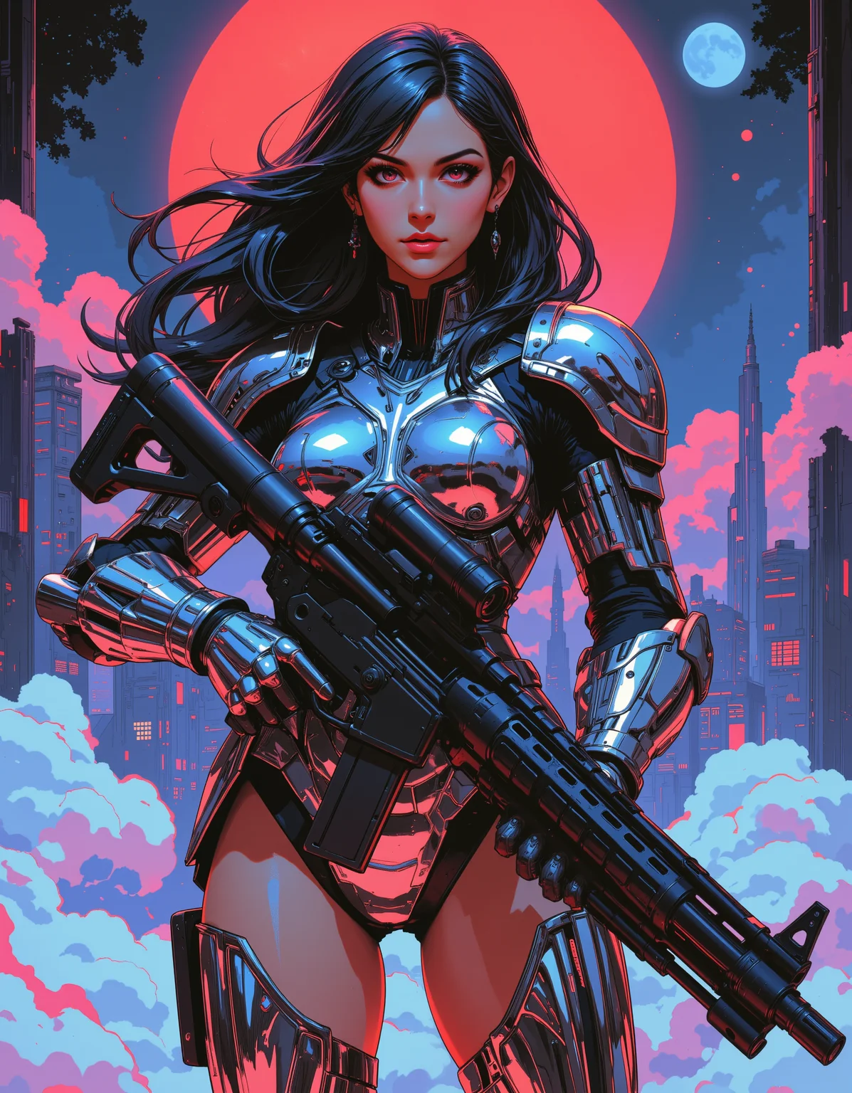 stylized glitchy illustration. crazy weird art. hot babe waifu with shiny reflective silver armor and a huge machine gun. Sci-fi Babe goddess waifu.