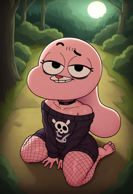 score_9, score_8_up, score_7_up, SFW, 1girl, solo, smug expression, curvy, wide thighs,long torso, wide hips, slim waist, tall woman, source_cartoon, cute, smug expression, black mascara, furry, rabbit, Anais_TawoG, black eyes, light pink skin, black eyebrows, red nose, white rabitt tail, big eyes, short stature
 Dop Style, detailed collarbone, black choker, choker, extremely detailed shoulders, dynamic pose, posing for viewer, goth knit sweater, intricate black gothic sweater, shoulders visible, skull logo on sweater, skull print sweater, knit sweater,thick black fishnet stockings, thick fishnet stockings, looking at viewer, bare feet, kneeling, kneeling in floor, on floor, kneeling,
Break,scary woods, dramatic moon lighting, outside, night, dark woods, outdoors, moon light,(detailed:1.22), shading, trees, redwood trees, dirt floor, grassy floor, gothic atmosphere, nature, dramatic shading, (creepy forest theme:1.1), (highly detailed background:1.3),
