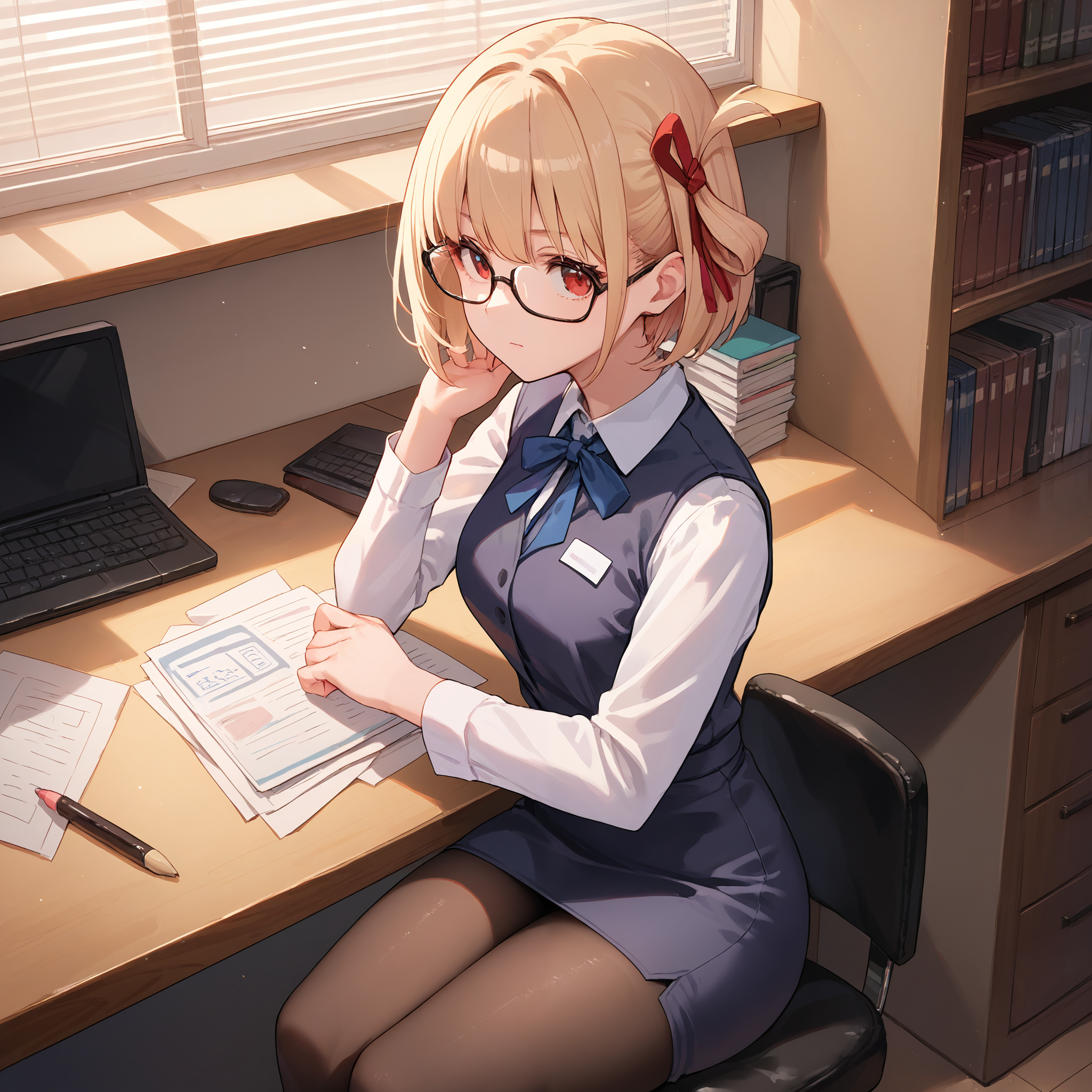 score_9, score_8_up, score_7_up, score_6_up, score_5_up, score_4_up, BREAK source_anime, look at viewer, 1girl, solo, indoors, sitting, office, masterpiece, best quality, high detailed skin,   nishikigi chisato, short hair, blonde hair, red eyes, office lady, white shirt, pencil skirt, glasses, pantyhose,