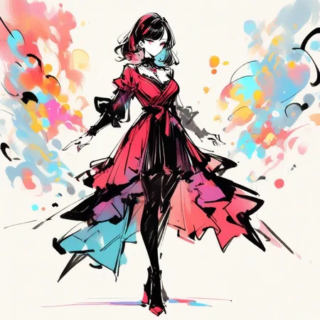 inksketch, a woman, colorful, full body, beautiful red and black dress