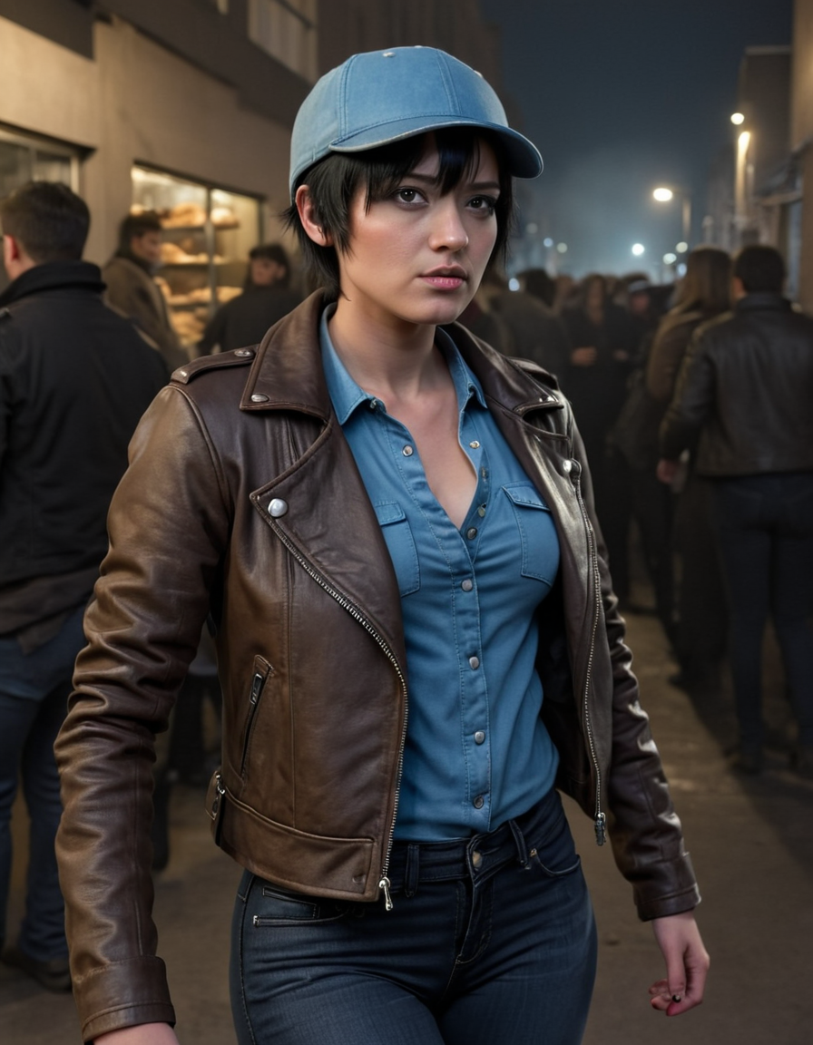 <lora:devil_may_cry_xl_3:1> 1girl, short hair, baseball cap, black hair, brown leather biker jacket, blue shirt, jeans, outside, glass, bakery, busy, people, gear, armor, rough, dark, night, fear, dark city, glow, smoke,