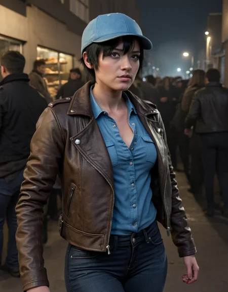 <lora:devil_may_cry_xl_3:1> 1girl, short hair, baseball cap, black hair, brown leather biker jacket, blue shirt, jeans, outside, glass, bakery, busy, people, gear, armor, rough, dark, night, fear, dark city, glow, smoke,