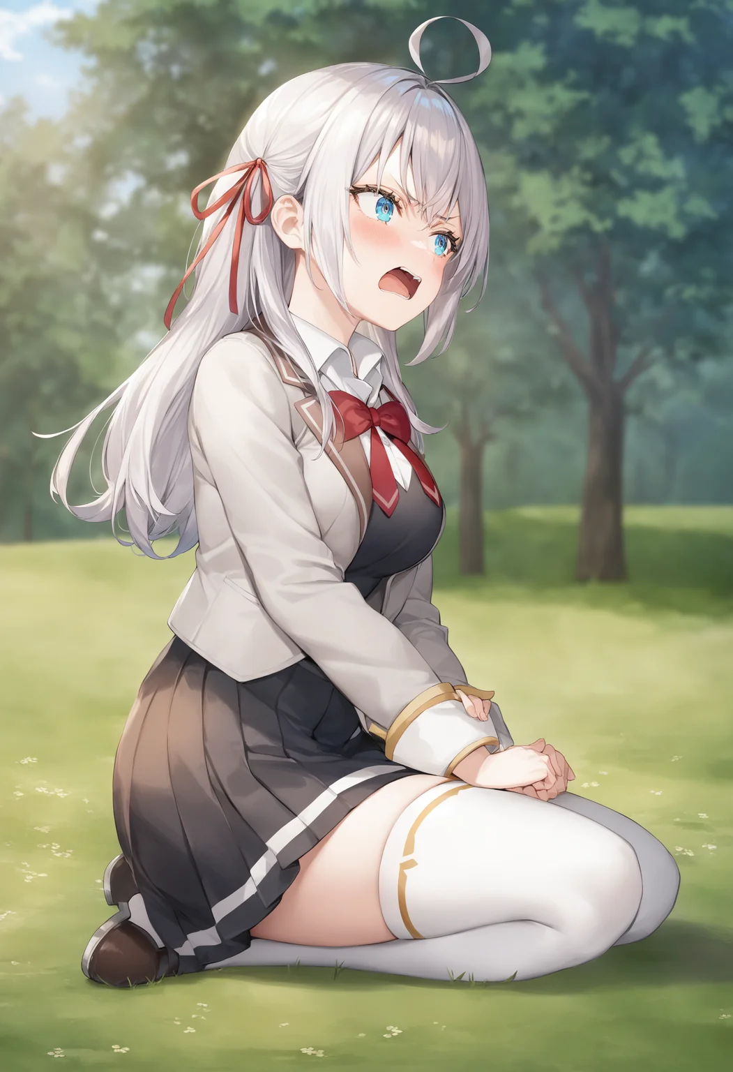 1girl, alisa mikhailovna kujou,tokidoki bosotto roshia-go de dereru tonari no arya-san,<lora:alisa_XL_v1:0.8>
solo, long hair, eyebrows visible through hair, hair between eyes, silver hair, hair ribbon, blue eyes, medium breasts, school uniform,white legwear,zettai ryouiki, long sleeves, jacket,
from side, panorama shot, looking away, angry, meadow, open mouth,
best quality, very aesthetic, absurdres