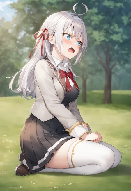1girl, alisa mikhailovna kujou,tokidoki bosotto roshia-go de dereru tonari no arya-san,<lora:alisa_XL_v1:0.8>
solo, long hair, eyebrows visible through hair, hair between eyes, silver hair, hair ribbon, blue eyes, medium breasts, school uniform,white legwear,zettai ryouiki, long sleeves, jacket,
from side, panorama shot, looking away, angry, meadow, open mouth,
best quality, very aesthetic, absurdres