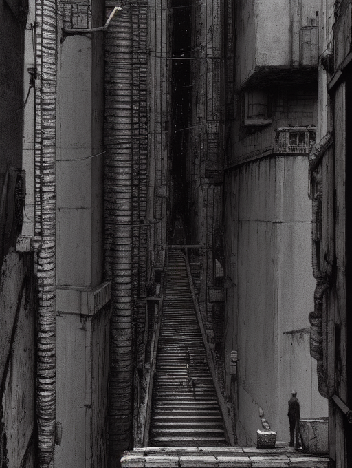 (vast scenery:1.3), city, deep horizon, stairs, decrepit, open space, (tubes, cables:1.3), (best quality:1.3)  <lora:blame5-000040:1>