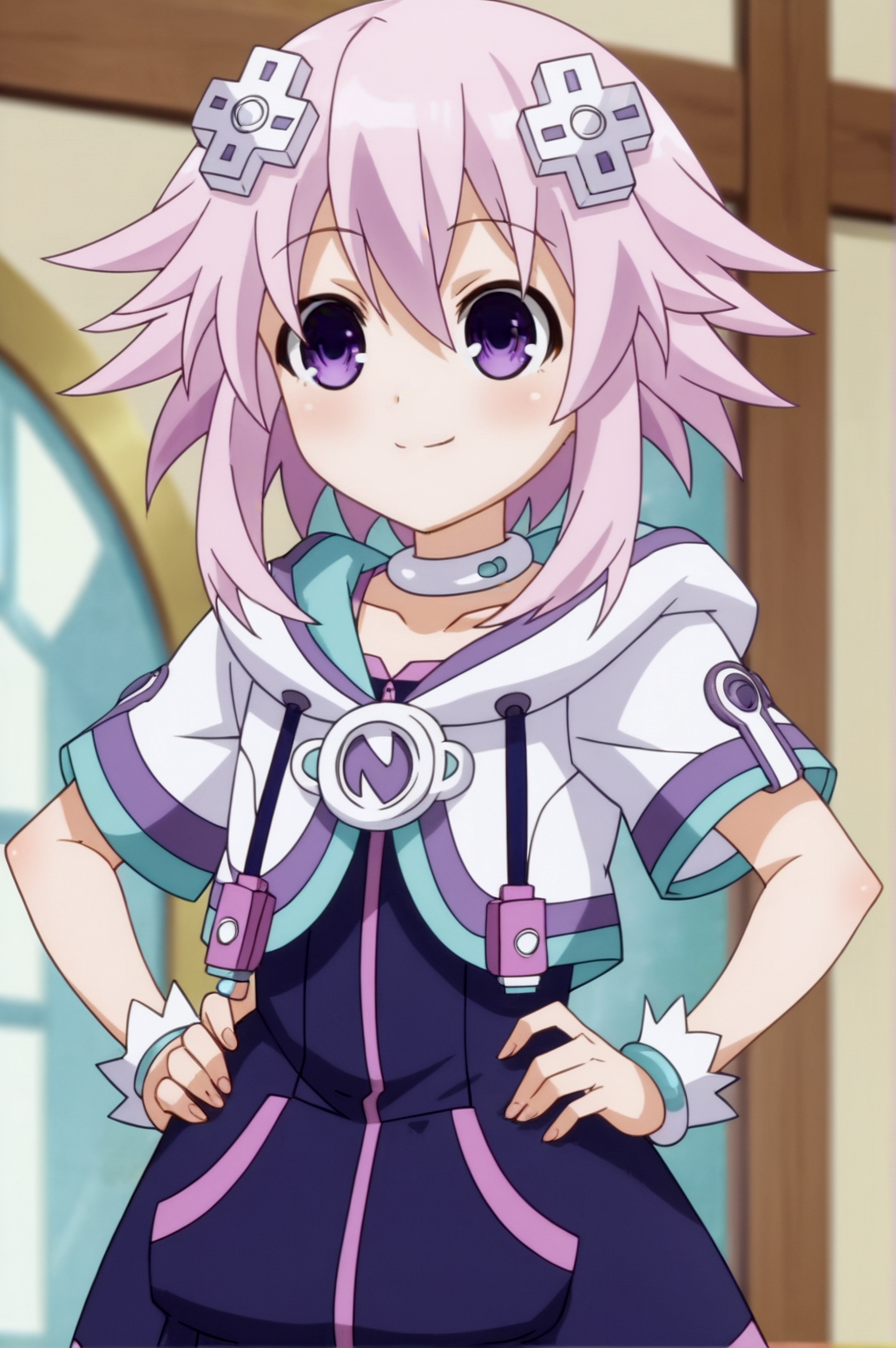 score_9, score_8_up, score_7_up,anime_source, source_anime, best background, detailed background, anime screencap,  Neptune, Main Outfit, indoors, blush, indoors, happy,  hands on hips, cowboy shot, dynamic angle, dynamic pose, <lora:JN_Neptune:0.8>
