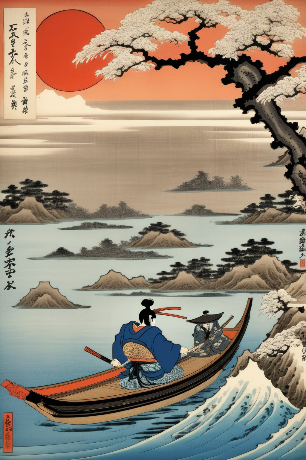 <lora:Ukiyo-e Art:1>Ukiyo-e Art - samurai warrior rowing away from an island where another samurai remains