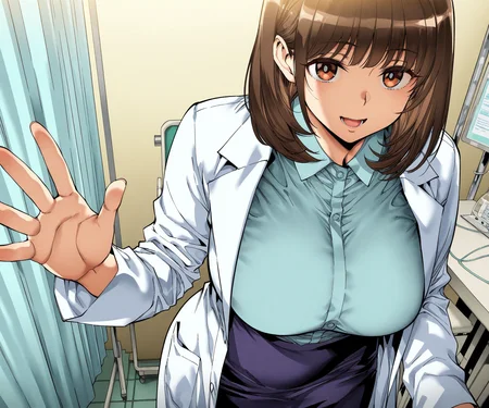 masterpiece, best quality, amazing quality, sfw, 1girl, solo, shirt, lab coat, skirt, medium hair, hospital, smile, open mouth, looking at viewer, <lora:Ashiomi Masato style ILL-v2:1> ashiomimasato