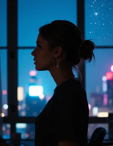 A profile shot of the woman, her face illuminated by dramatic lighting.
Camera Angle: Profile view from directly behind the subject, emphasizing her strength and determination.
Lighting: Dark, moody lighting with a hint of blue undertones, casting long shadows across her shoulders.
Composition: The frame is divided into thirds, with the woman's back occupying the upper two-thirds, creating a sense of balance and harmony.
Pose: The woman stands tall, her weight shifted onto one leg, as if ready to spring into action at any moment.
Visual Elements:
- A cityscape visible through the window behind her, with neon lights casting a kaleidoscope of colors.
- A faint glow from her phone or computer on the desk in front of her, casting an eerie light on her face.
- A sprinkle of stars outside the window, twinkling like diamonds against the dark sky.