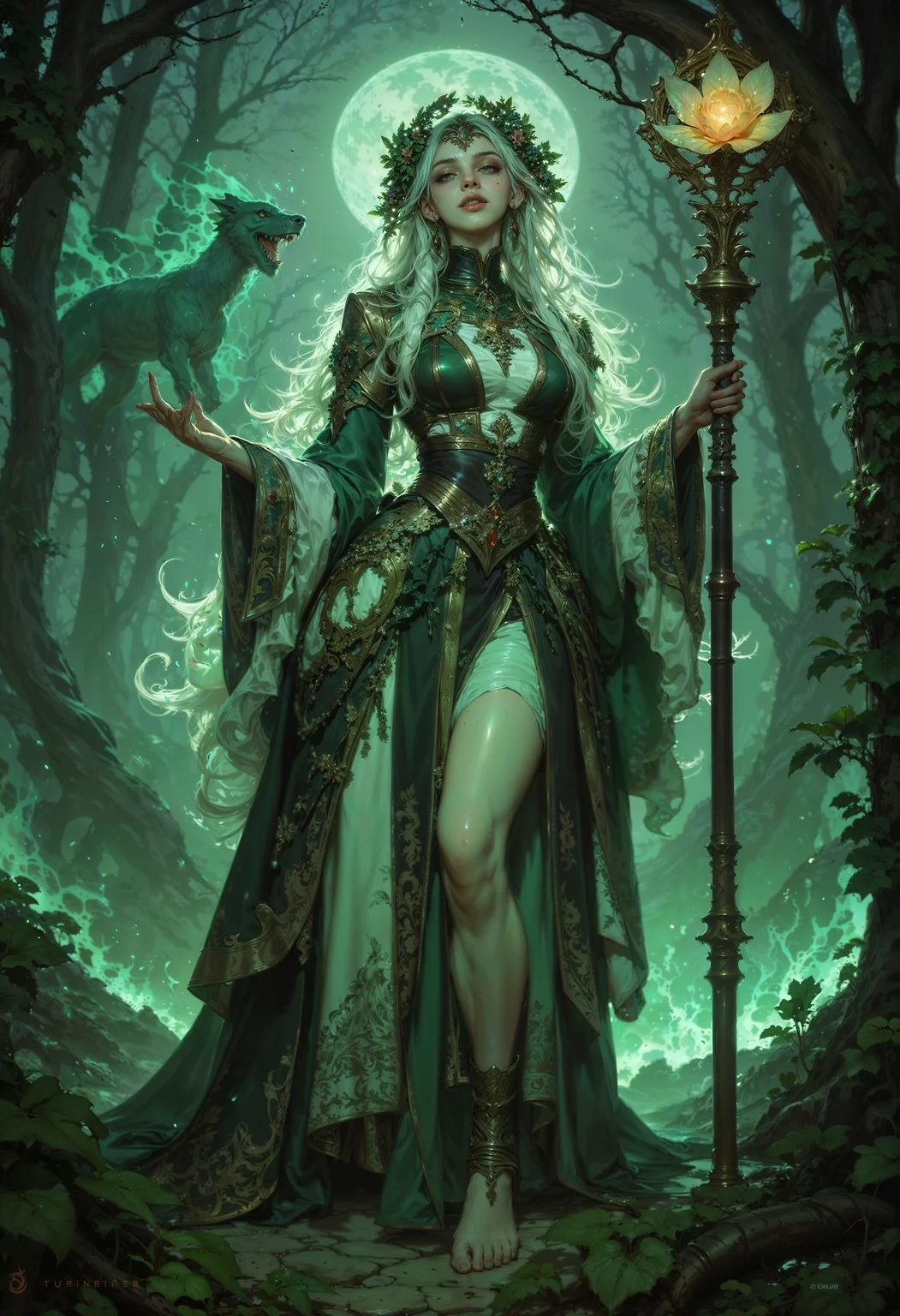 A spectral forest guardian, her form ethereal and shimmering with hues of pale green and silver, blending into the misty woods around her. Her hair cascades like a waterfall of moonlight, intertwining with delicate vines and blossoms that glow faintly in the dim light. Her flowing robes seem woven from leaves and mist, and her bare feet leave trails of shimmering light on the forest floor. She cradles a staff of ancient, gnarled wood, its tip blooming with an otherworldly flower that radiates soft, soothing light. Around her, the forest is alive with glowing fireflies, ghostly animals, and the soft hum of ancient magic, creating a serene yet haunting atmosphere.