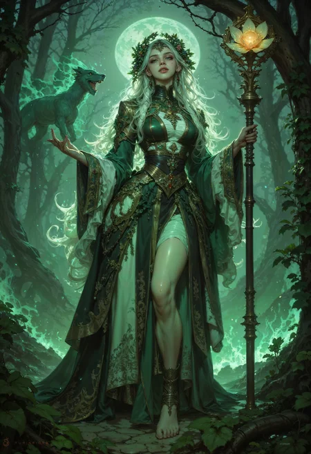 A spectral forest guardian, her form ethereal and shimmering with hues of pale green and silver, blending into the misty woods around her. Her hair cascades like a waterfall of moonlight, intertwining with delicate vines and blossoms that glow faintly in the dim light. Her flowing robes seem woven from leaves and mist, and her bare feet leave trails of shimmering light on the forest floor. She cradles a staff of ancient, gnarled wood, its tip blooming with an otherworldly flower that radiates soft, soothing light. Around her, the forest is alive with glowing fireflies, ghostly animals, and the soft hum of ancient magic, creating a serene yet haunting atmosphere.